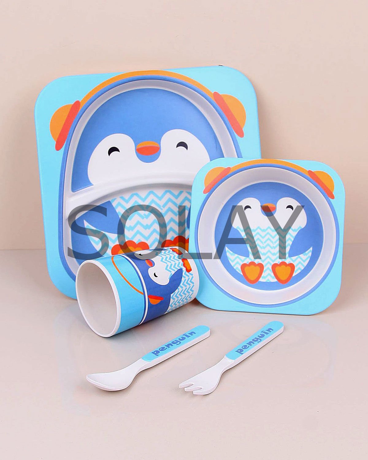 Bambu Fiber Tabldot Çocuk Yemek Tabldot Set 5 Parça - Bölmeli Bardak Çatal Kaşıklı