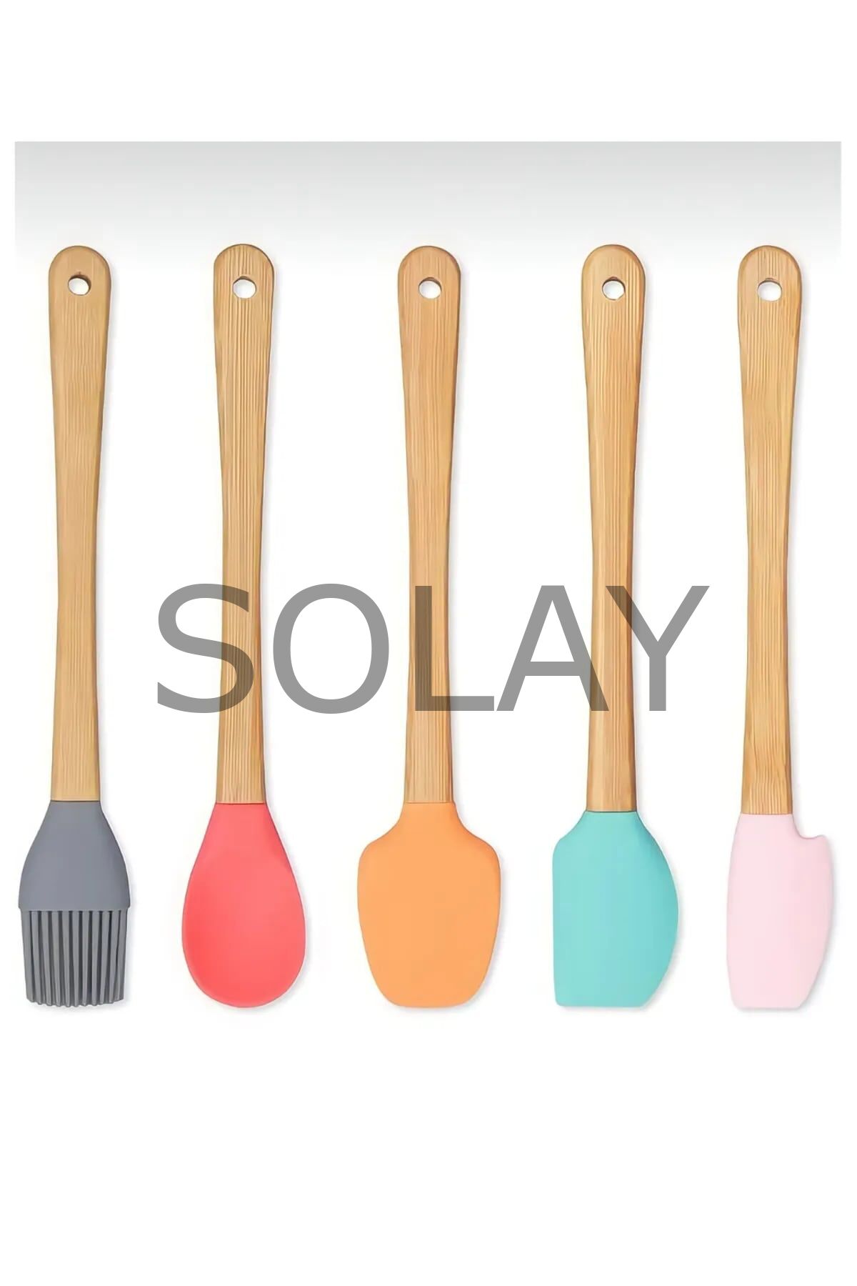 5'li Renkli Ahşap Saplı Silikon Uçlu Spatula Fırçalı Kaşık Seti -Yemek Hazırlık Seti 21 Cm