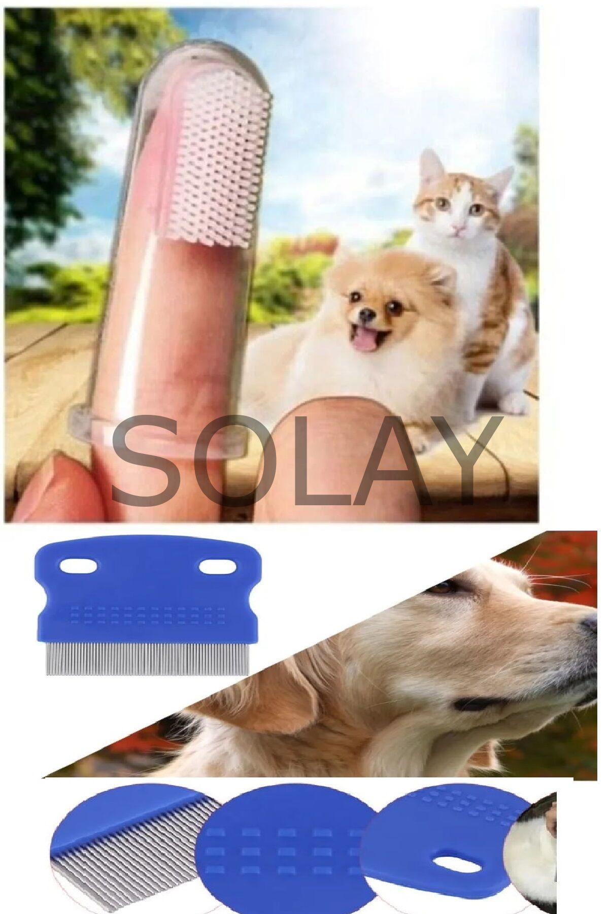 2 Li Set Kedi Köpek Tavşan İçin Parmağa Takılan Diş Fırçası - İnce Dişli Bit Pire Tarağı
