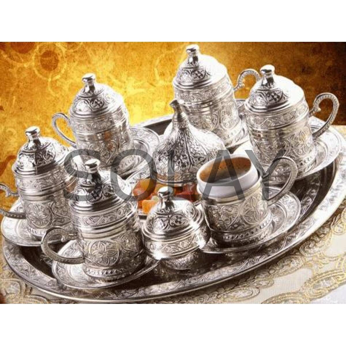 Osmanlı Motifli 6 Kişilik Türk Kahve Seti ( 3 Renk )