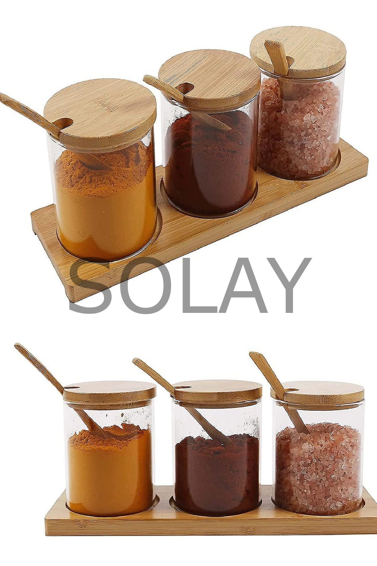 3 Lü Stantlı Cam Kavanoz Baharatlık Seti – Kaşıklı Bambu Kapaklı Baharatlık