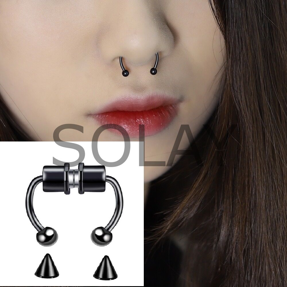 Siyah Mıknatıslı Fake Burun Piercing -Top Ve Ok Uçlu Paslanmaz Septum Deliksiz Pirsing