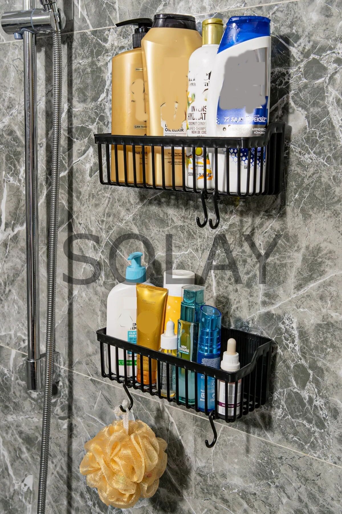 2 Li Plastik Yapışkanlı Askılı Mutfak- Banyo Rafı Düzenleyici Duş Şampuanlık
