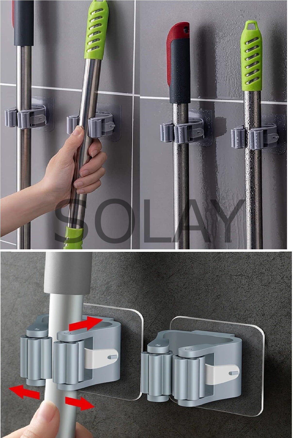 3 Lü Renkli  Yapışkanlı Mop Fırça Çek pas Sap Tutucu Organizer Mutfak Banyo Düzenleyici